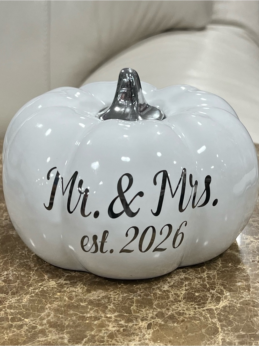 2026 Mr & Mrs Wedding Pumpkin Decor With Silver Stem NWT
